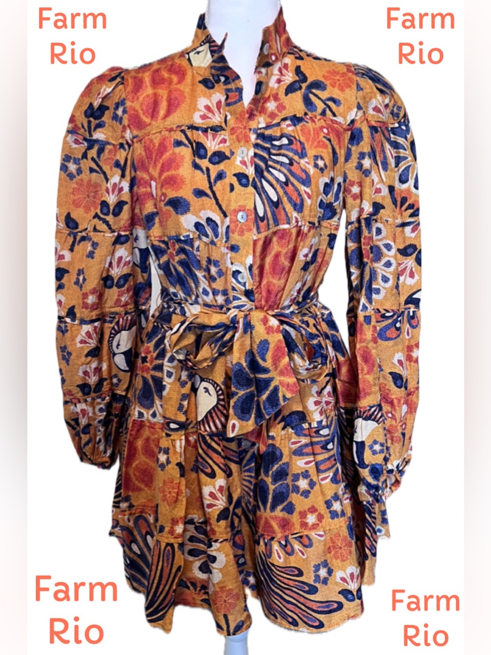 NWT FARM RIO Pineapple Flowers Yellow Mini Dress Bird Tiered Belted  Sz XS
